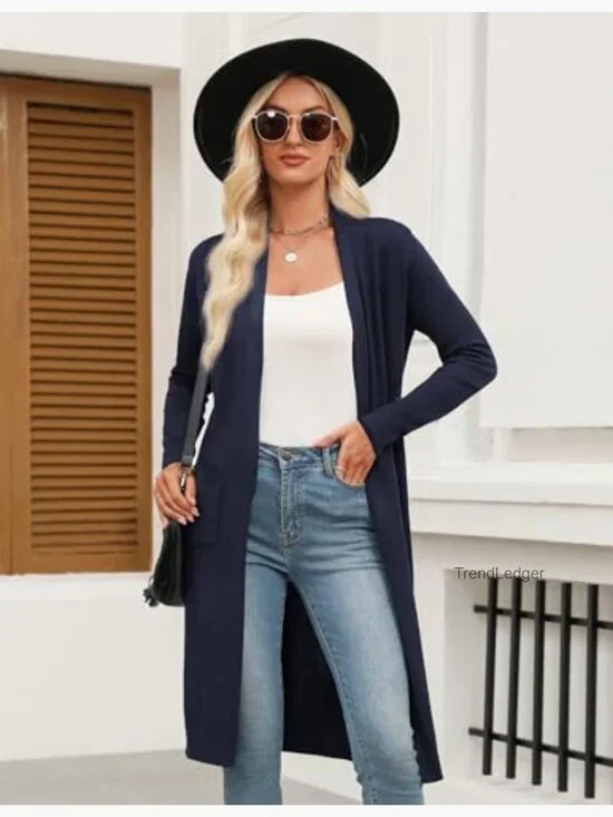 Long Sleeve Open Front Cardigan Sweater with Pockets, Lightweight Knit - Picture 2 of 7